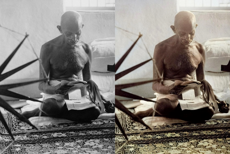 Gandhi y su rueca (1946) / a la derecha, la versión coloreada por Colourise.sg